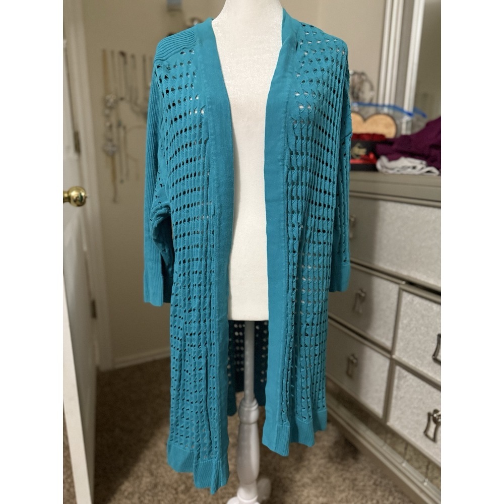 Kasper Turquoise open knit cardigan